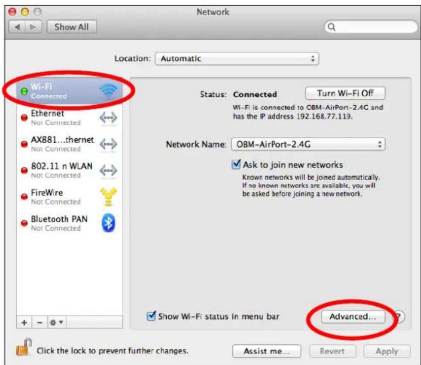 Network Show All Location: Automatic Wi-Fi Connected Ethernet Not Connected AX881...thernet Not Connected 802.11 n WLAN Not Connected FireWire Not Connected Bluetooth PAN Not Connected Status: Connected Turn Wi-Fi Off Wi-Fi is connected to OBM-AirPort-2.4G and has the IP address 192.168.77.119. Network Name: OBM-AirPort-2.4G ✓ Ask to join new networks Known networks will be joined automatically. If no known networks are available, you will be asked before joining a new network. ✓ Show Wi-Fi status in menu bar Advanced... Click the lock to prevent further changes. Assist me... Revert Apply