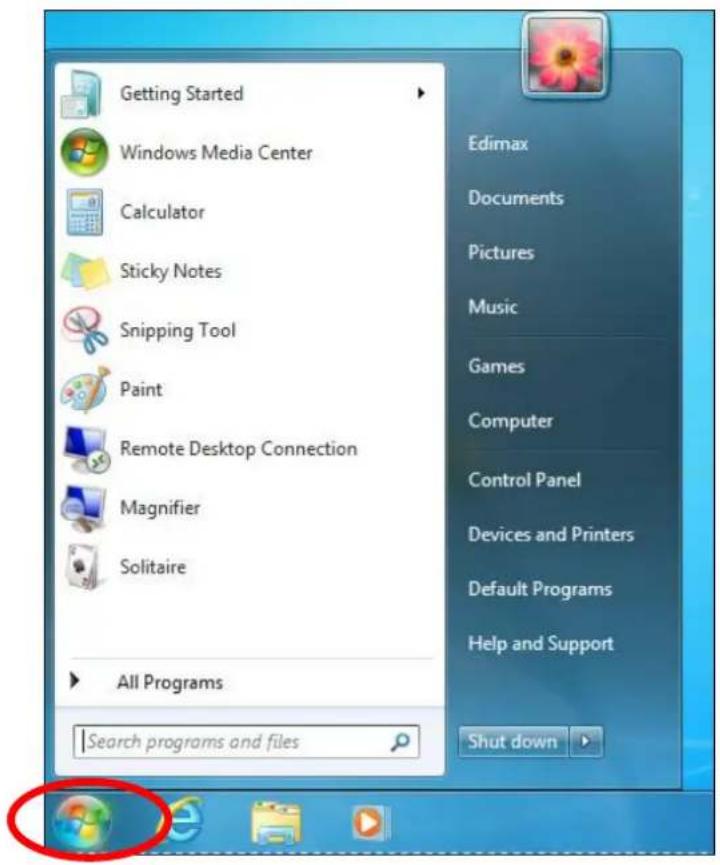 Getting Started Windows Media Center Calculator Sticky Notes Snipping Tool Paint Remote Desktop Connection Magnifier Solitaire All Programs Search programs and files Edimax Documents Pictures Music Games Computer Control Panel Devices and Printers Default Programs Help and Support Shut down