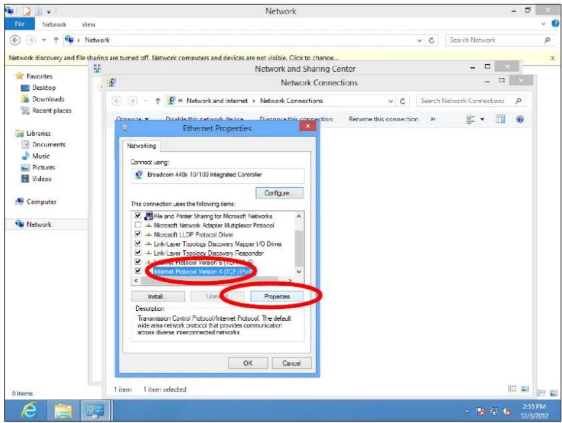 Network File Network View Network Search Network Network discovery and file sharing are turned off. Network computers and devices are not visible. Click to chance... Network and Sharing Center Network Connections Organize Disable this network device Diagnose this connection Rename this connection Ethernet Properties Networking Connect using: Broadcom 440x 10/100 Integrated Controller Configure... This connection uses the following items: File and Printer Sharing for Microsoft Networks Microsoft Network Adapter Multiplexor Protocol Microsoft LLDP Protocol Driver Link-Layer Topology Discovery Mapper I/O Driver Link-Layer Topology Discovery Responder Internet Protocol Version 5 (TCP/IPW) Internet Protocol Version 4 (TCP/IPW) Install... Unin... Properties Description Transmission Control Protocol/Internet Protocol. The default wide area network protocol that provides communication across diverse interconnected networks. OK Cancel 1 item 1 item selected 2:55 PM 12/3/2012