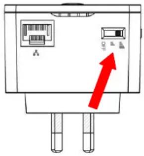 Diagram of a device rear panel with labeled ports and a red arrow indicating direction or force