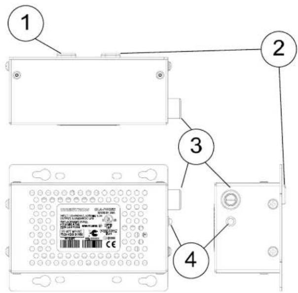 Diagram showing four labeled components of an electronic device with numbered parts and a central display panel.