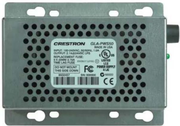 CRESTRON GLA-PWS50 INPUT: 100-240VAC, 50/10Hz, 1.0A OUTPUT: 2.14@24VDC LPS REPLACEMENT FUSE: X: 26MM 3.15A TIME LAG FUSE ENDRIVE LEVEL: LISTED LEE DO NOT MOUNT THIS SIDE DOWN FC POWER SUPPLY 41JC N00000 6502407 SN: 000000 CE