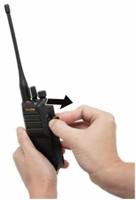 Close-up of hands holding a black Miayi-Can walkie-talkie (no visible text or symbols)
