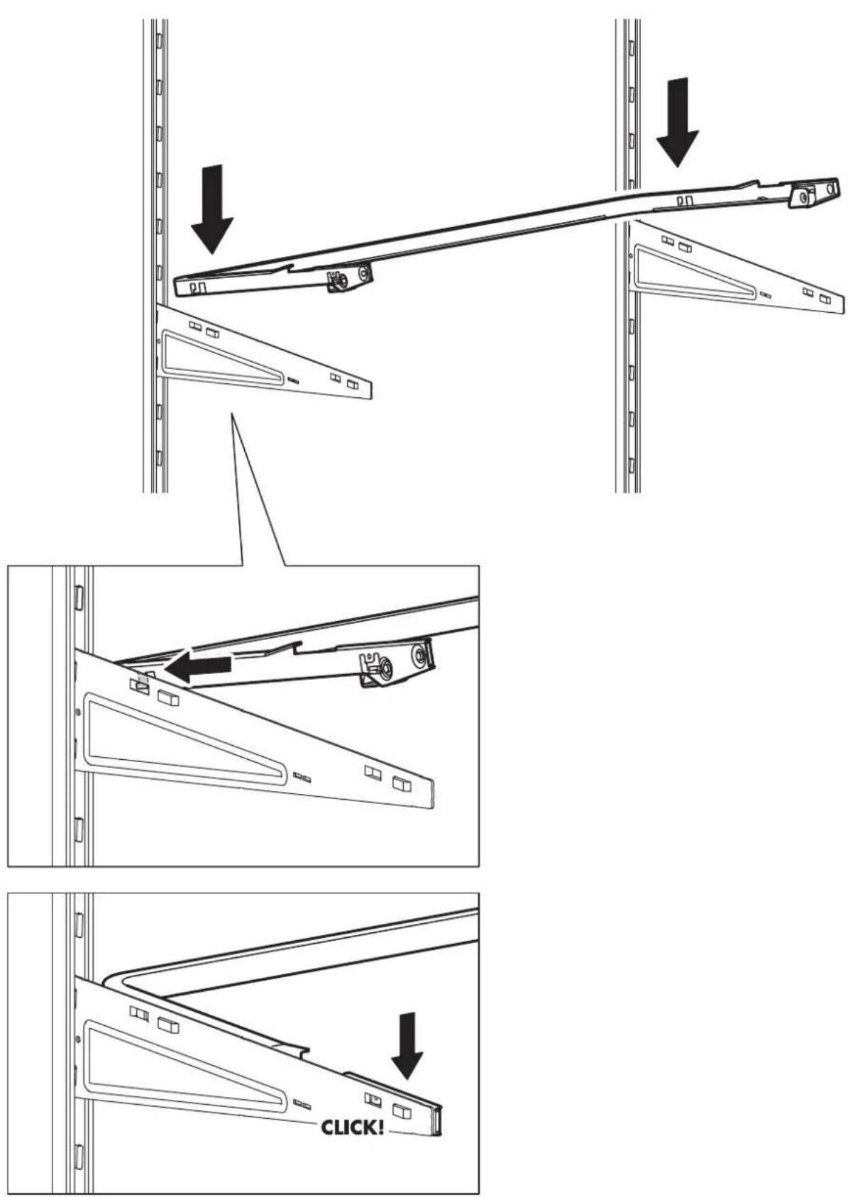Technical diagram illustrating three-step assembly process with arrows indicating sequence and a 'CLICK!' button.
