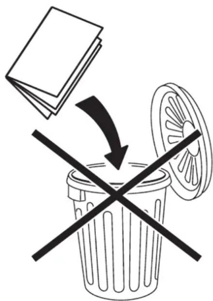 Diagram showing a book being discarded into a trash bin with a crossed-out waste wheel, symbolizing waste disposal or disposal.