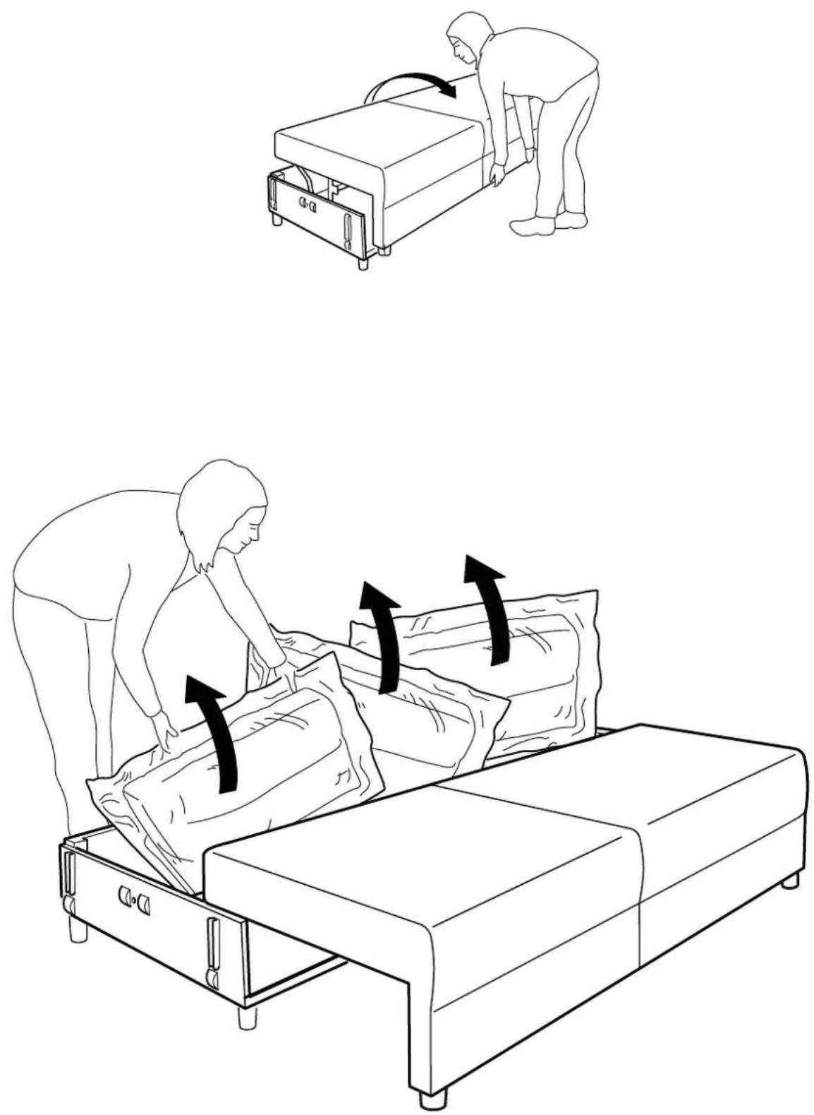 Illustration showing two steps of a person performing a medical procedure on a patient's abdomen, with arrows indicating direction of movement.