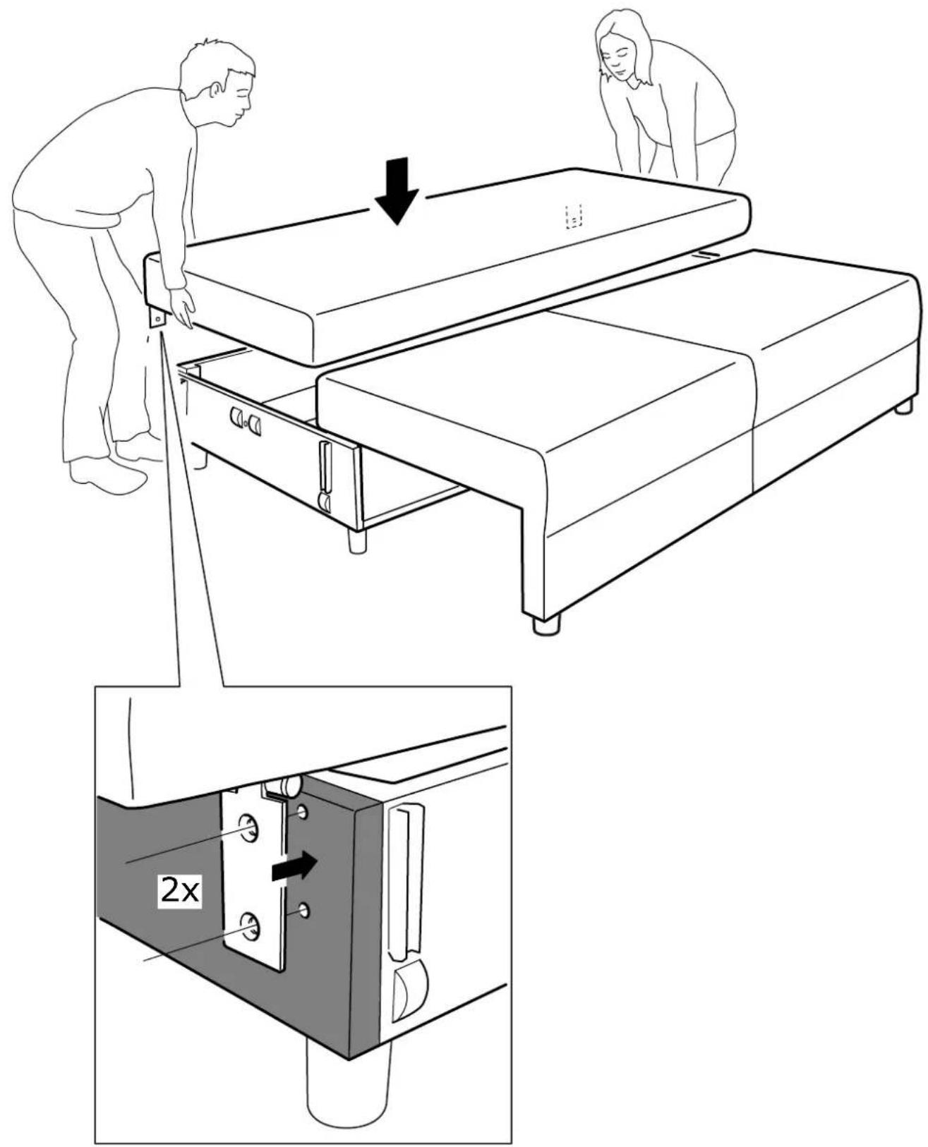 Technical diagram illustrating a folding or mounting process with labeled components and directional arrows, including a 2x ratio indicator.