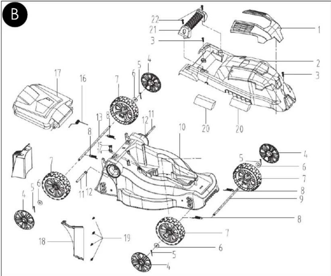 Technical diagram of a robotic car with numbered parts, showing exploded and assembled views