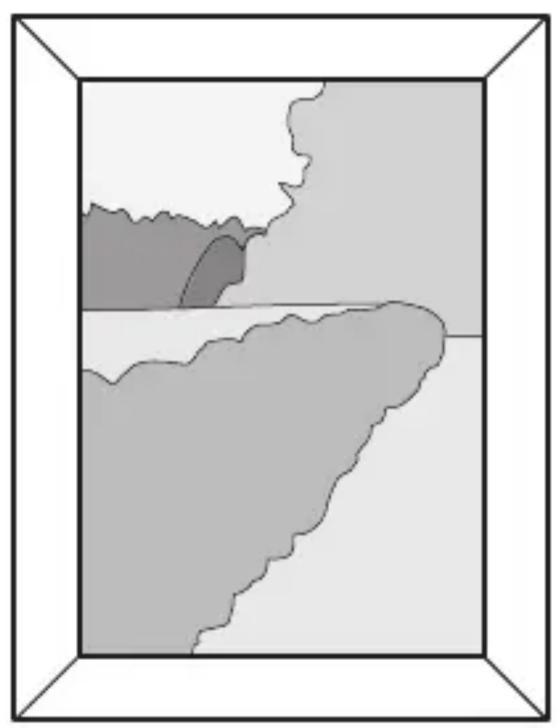 Abstract geometric diagram with shaded regions and a central horizontal line, enclosed in a square frame (no text or symbols)