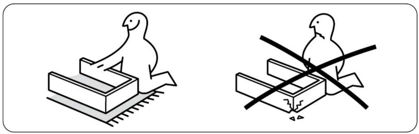 Two line drawings showing a bird perched on a platform and a bird crossing over a box, both without any text or symbols.