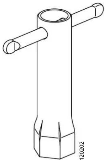 Technical line drawing of a mechanical component with two protruding rods and a hexagonal base (no text or symbols)