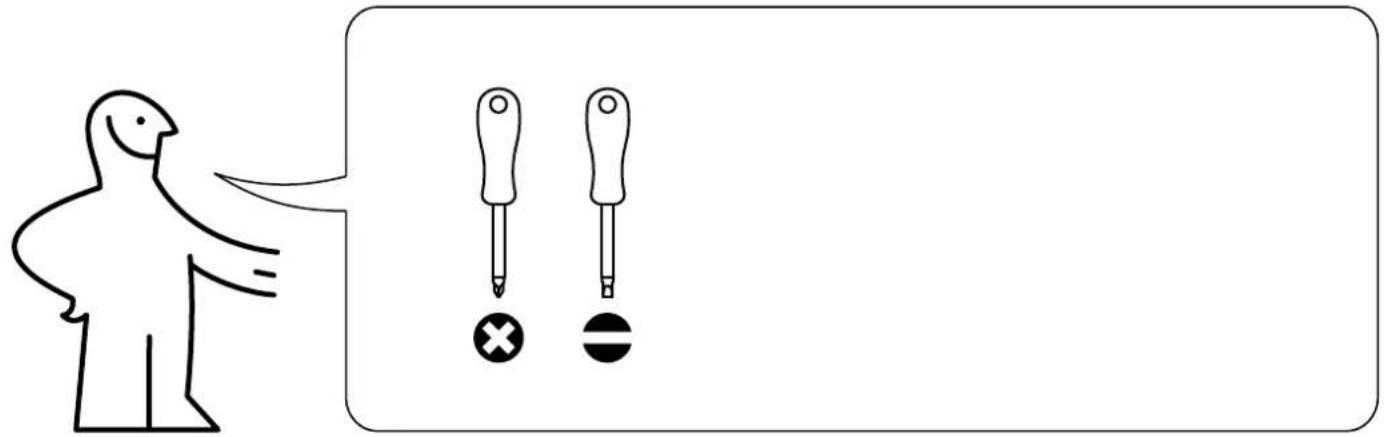 Diagram showing a person pointing to two screwdriver tips with a cross and a circle below, likely illustrating a medical or diagnostic concept.