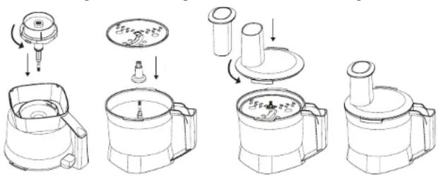 Technical diagram illustrating the assembly steps of a kitchen appliance with labeled components and directional arrows indicating process flow.