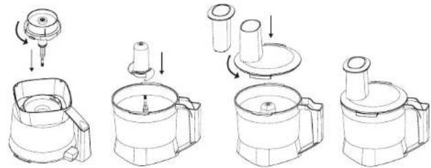 Technical diagram showing five-step assembly of a kitchen appliance with labeled parts and directional arrows indicating process flow.