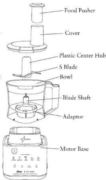 Food Pusher Cover Plastic Center Hub S Blade Bowl Blade Shaft Adaptor Motor Base
