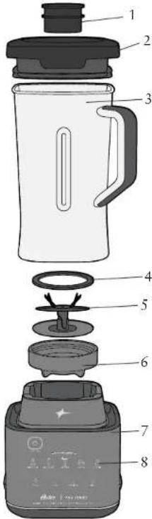 Exploded view diagram of a kitchen blender with numbered parts for identification