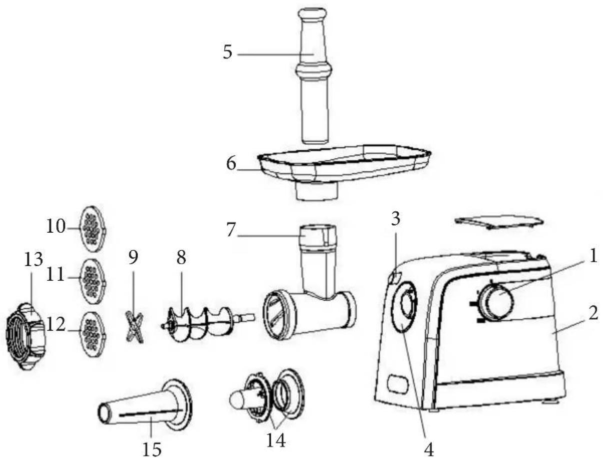 Exploded view diagram of a kitchen appliance with numbered parts for identification