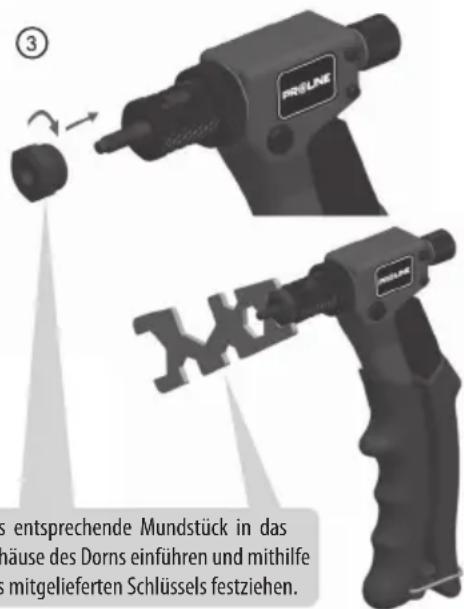③ PROLINE ④ s entsprechende Mundstück in das näuse des Dorns einführen und mithilfe mitgelieferten Schlüssels festziehen.