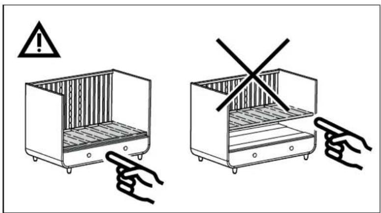 Diagram showing two hand gestures pointing at a cabinet with warning symbols and a cross symbol indicating disapproval.