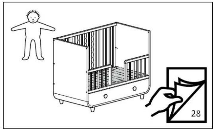 Illustration showing a child standing next to a baby barn with a hand holding a paper labeled '28' pointing to it.