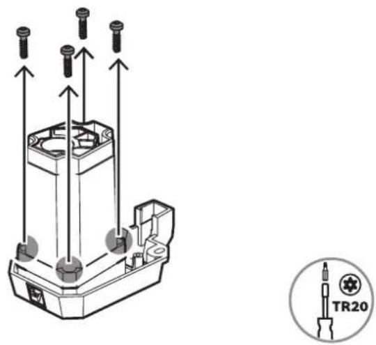 Technical diagram of a mechanical component with multiple screw holes and a TR20 sensor icon labeled.