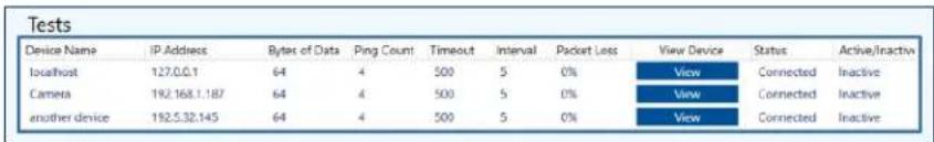 Tests Device Name IP Address Byte of Data Ping CountTimeout Interval Packet Loss View Device Status Active/Inactive localhost 127.0.0.1 64 4 500 5 0% View Connected Inactive Camera 192.168.1.187 64 4 500 5 0% View Connected Inactive another device 192.5.32.145 64 4 500 5 0% View Connected Inactive