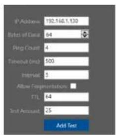 IP Address: 192.166.1.130 Bitts of Data: 64 Ping Count: 4 Timeout (ms): 500 Interval: 5 Allow Fragmentation: TTL: 64 Text Amount: 25 Add Text