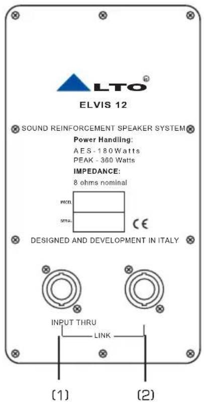 ELVIS 12 SOUND REINFORCEMENT SPEAKER SYSTEM Power Handling: AES - 180 Watts PEAK - 360 Watts IMPEDANCE: 8 ohms nominal POTEL SETAL CE DESIGNED AND DEVELOPMENT IN ITALY INPUT THRU LINK (1) (2)