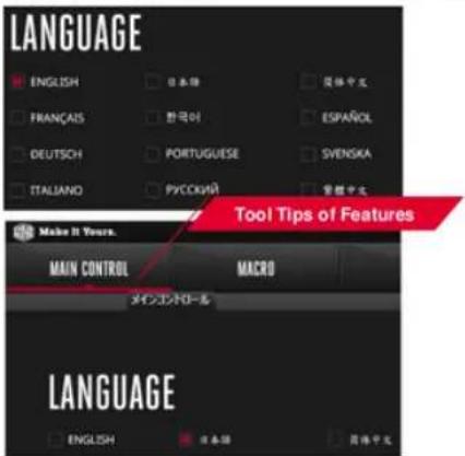 LANGUAGE ENGLISH 日本語 関係中文 FRANÇAIS 韓国어 ESPAÑOL DEUTSCH PORTUGUESE SVENSKA ITALIANO PYCKIKHÜ 管轄中文 Make It Tours. MACRO 主イングロール MALUAGE ENGLISH 日本語 関係中文 Tool Tips of Features