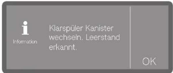 Information Klarspüler Kanister wechseln. Leerstand erkannt. OK