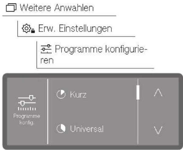 Weitere Anwahlen Erw. Einstellungen Programme konfigurieren Programme konfig. Kurz Universal