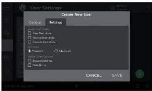 Create New User General Settings Mouse Text Mode □ Auto Text Mode □ Manual Text Mode □ Remote Text Mode Text Mode ● Standard Advanced Write-Drive Options □ System Settings □ Data Menu CANCEL SAVE