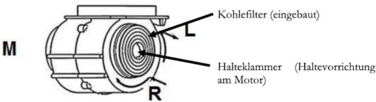 M Kohlefilter (eingebaut) L Halteklammer (Haltevorrichtung am Motor) R