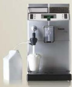 Modern coffee maker with digital display and side arm, next to a white bottle (no visible text or symbols).