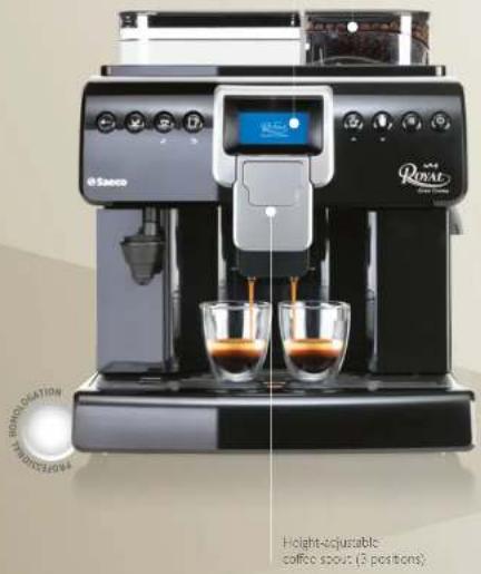 Exterior view of a modern coffee machine with two cups and digital display (no visible text or symbols)