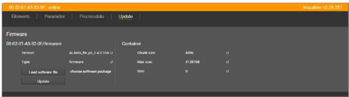 00-02-01-AS-32-OF - online Visualizer v2.25 257 Elements | Parameter | Processdata | Update | Firmware 00-02-01-AS-32-OF/firmware Version: AL4x0x_fw_pr_1.4.0.154 (S) Type: firmware Load software file choose software package Update Container Chunk size: 4096 Max size: 4128768 Size: 0 U