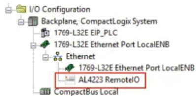 I/O Configuration Backplane, CompactLogix System 1769-L32E EIP_PLC 1769-L32E Ethernet Port LocalENB Ethernet 1769-L32E Ethernet Port LocalENB AL4223 RemotelO CompactBus Local