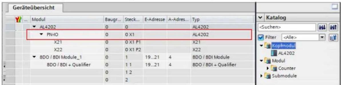 Geräteübersicht Modul Baugr... Steck... E-Adresse A-Adres... Typ AL4202 0 0 AL4202 PNHO 0 0 X1 AL4202 X21 0 0 X1 P1 X21 X22 0 0 X1 P2 X22 8DO / 8DI Module_1 0 1 19...21 4 8DO / 8DI Module 8DO / 8DI + Qualifier 0 1 1 19...21 4 8DO / 8DI + Qualifier 0 1 2 0 2 Katalog Filter Kopfmodul AL4202 Modul Counter Submodule