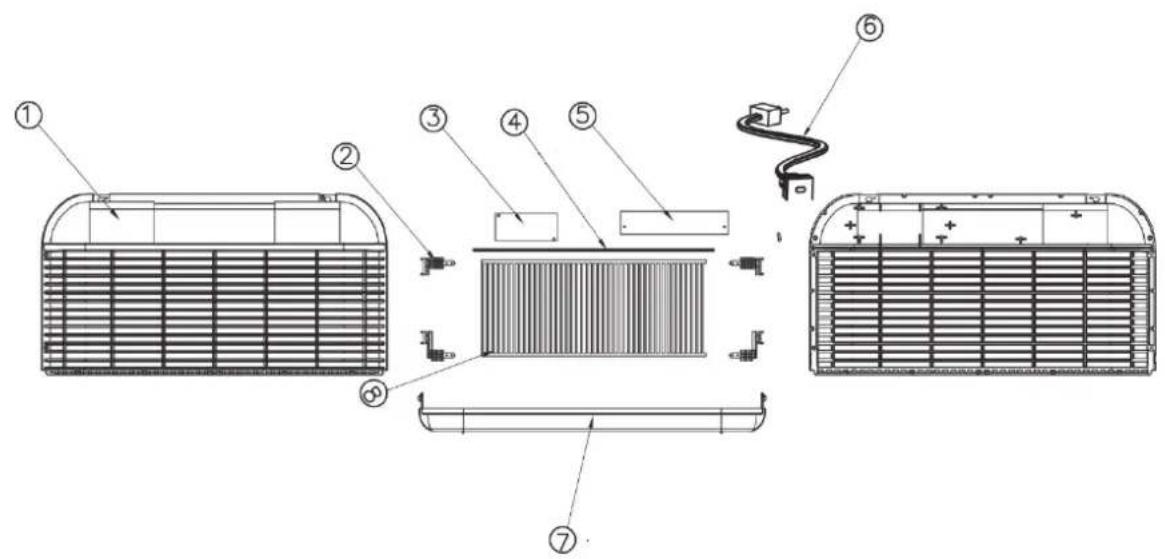 Technical diagram of an air conditioner unit with numbered components and labeled parts