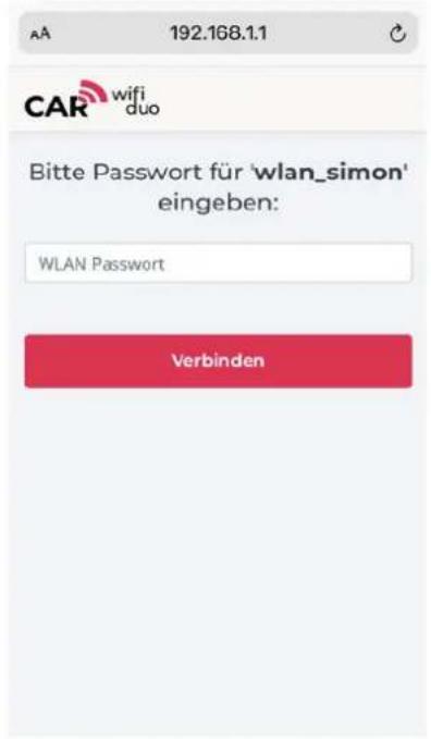 AA 192.168.1.1 CAR wifi duo Bitte Passwort für 'wlan_simon' eingeben: WLAN Password Verbinden