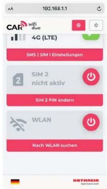 AA 192.168.1.1 CAR wifi duo 4G (LTE) SMS | SIM 1 Einstellungen SIM 2 nicht aktiv SIM 2 PIN ändern WLAN Nach WLAN suchen KATHAEIN Digital Systems Store