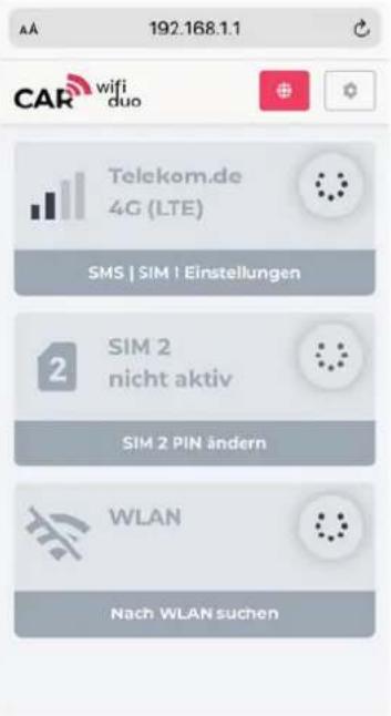 AA 192.168.1.1 CAR wifi duo Telekom.de 4G (LTE) SMS | SIM | Einstellungen SIM 2 nicht aktiv SIM 2 PIN ändern WLAN Nach WLAN suchen