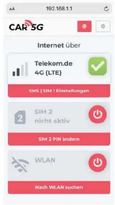 AA 192.168.1.1 CAR 5G Internet über Telekom.de 4G (LTE) SMS | SIM 1 Einstellungen SIM 2 nicht aktiv SIM 2 PIN ändern WLAN Nach WLAN suchen