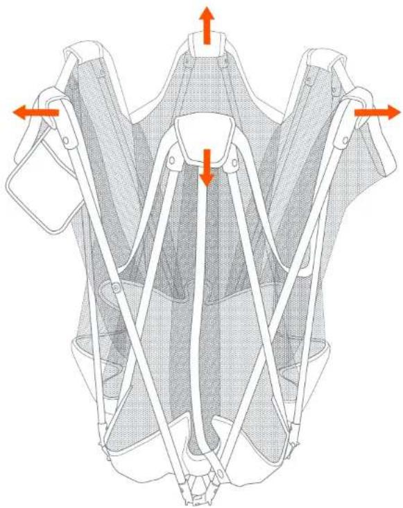 Technical line drawing of a mechanical device with multiple arms and connectors, no text or symbols present
