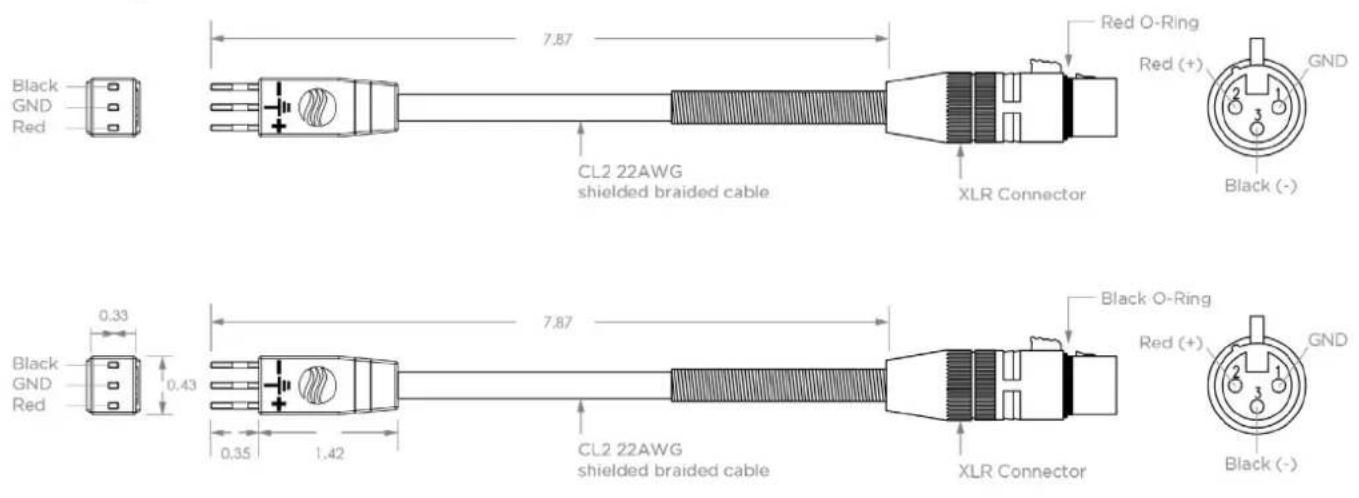 Black GND Red 7.87 CL2 22AWG shielded braided cable XLR Connector Red O-Ring Red (+) GND Black (-) Black GND Red 0.33 0.43 7.87 Black O-Ring Red (+) GND Black (-) Black 22AWG shielded braided cable XLR Connector
