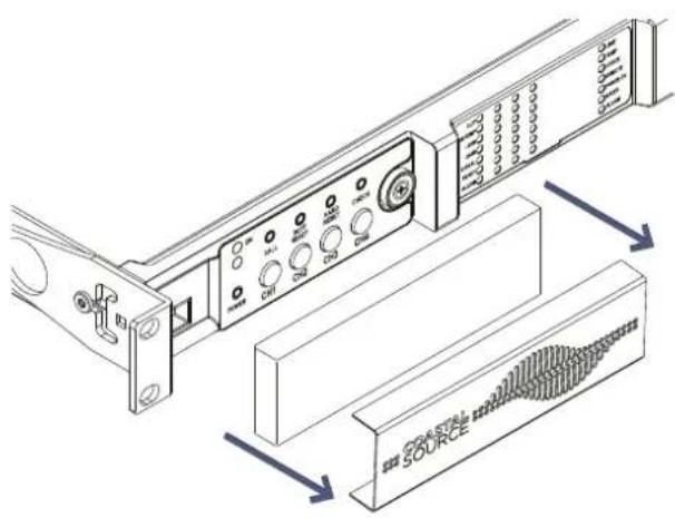 Technical diagram of a server rack with labeled components and directional arrows indicating assembly or movement.
