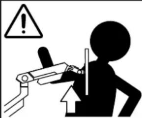 Safety warning illustration showing a robot interacting with a person, with an exclamation mark and upward arrow indicating safety change.
