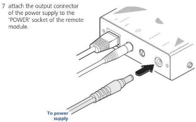 7 attach the output connector of the power supply to the 'POWER' socket of the remote module. To power supply