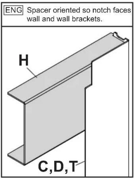 ENG Spacer oriented so notch faces wall and wall brackets. H C,D,T