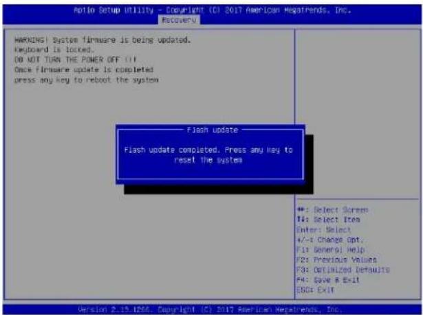 Anotio Setup Utility - Copyright (CI) 2017 American Hegairends, Inc. Recovery WARNING System firmware is being updated. Keyboard is locked. DO NOT TURN THE POWER OFF IT Once firmware update is completed press any key to reboot the system. Flash update Flash update completed. Press any key to reset t…